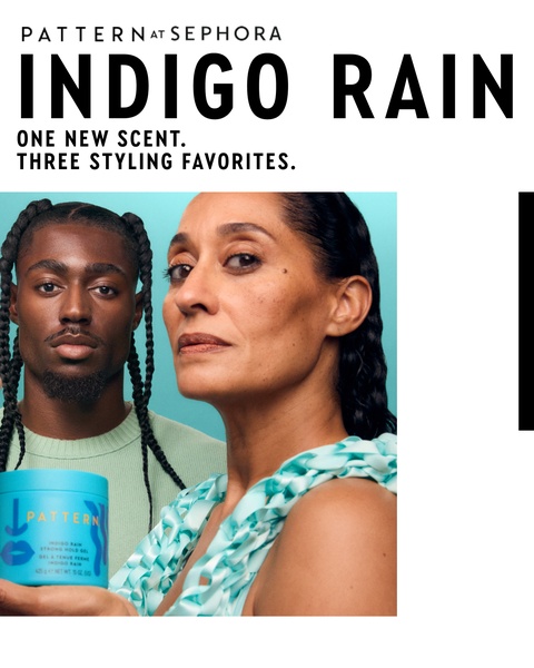 A split-view composition featuring two models and the hair gel product against a vibrant, solid blue background.