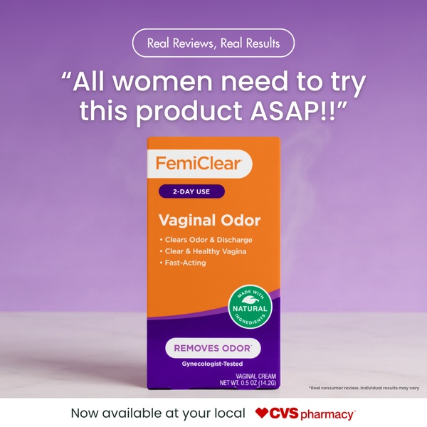 A clean, text-heavy testimonial ad featuring a product shot of FemiClear, highlighting customer results and availability at CVS.