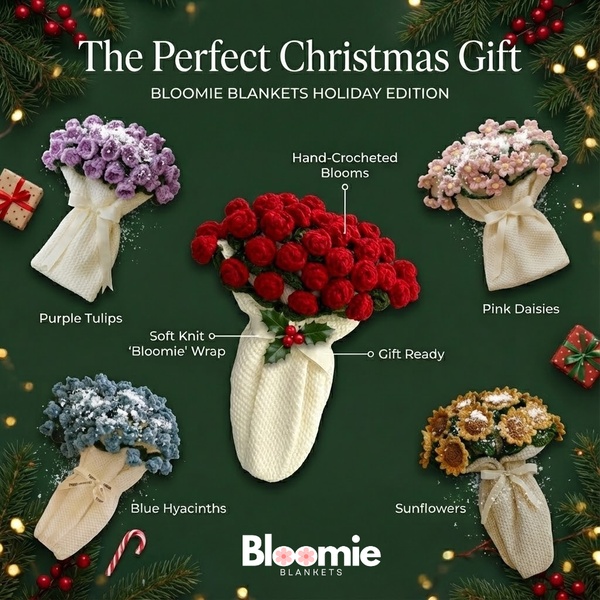 A sophisticated holiday gift guide showcase featuring five distinct hand-crocheted blanket designs arranged like fresh flowers with descriptive callouts.