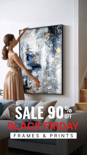 A high-end interior design image featuring a woman installing a large, modern abstract painting in a sophisticated living space, promoting a massive Black Friday discount.