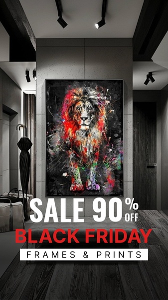 A high-contrast vertical display featuring an abstract lion print in a modern room, highlighting a 90% off Black Friday promotion for frames and prints.