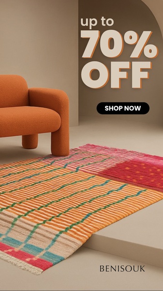 A high-contrast 9:16 vertical ad creative featuring a woven rug and armchair, highlighting a 70% off discount.