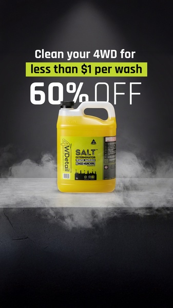 A vertical ad creative featuring a bold percentage discount offer placed above a product bottle on a clean, smoke-enhanced surface.