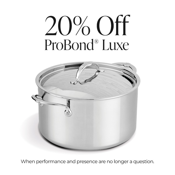 A clean, high-contrast product-centric advertisement featuring a premium stainless steel pot with a 20% off promotional offer.