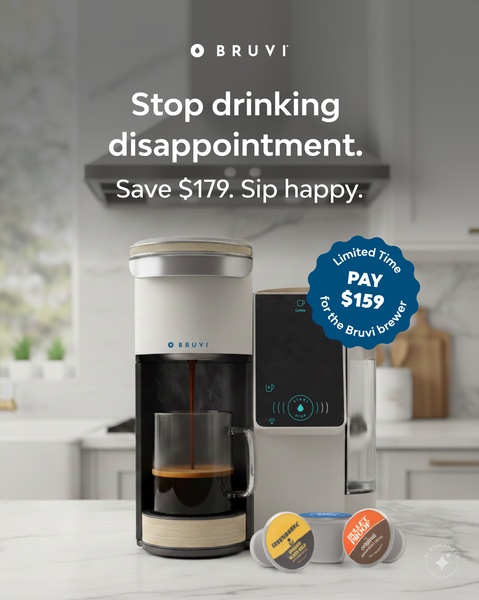 A clean, minimalist product shot of a coffee maker featuring a bold, pain-point-led headline and a clear price-based discount offer.