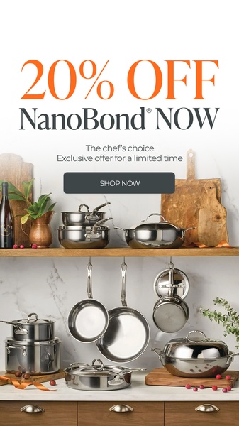 This 9:16 vertical ad creative features a clean, high-end display of stainless steel cookware with an orange text overlay announcing a 20% discount.