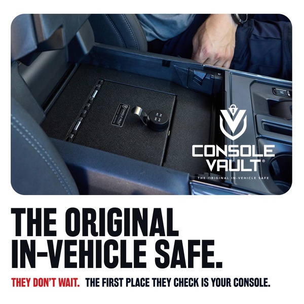 This creative highlights a vehicle safe installed within a car console, emphasizing the security concern that thieves specifically target console storage.
