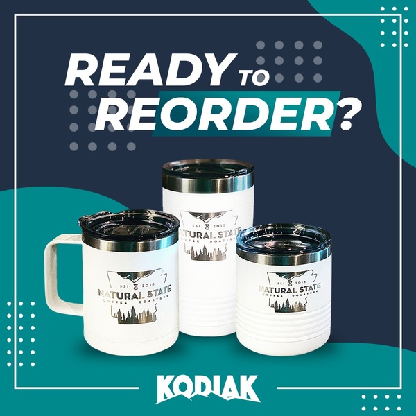 A high-contrast 1:1 square ad featuring three sizes of insulated tumblers, using a direct 'Ready to Reorder?' hook to drive returning customers.