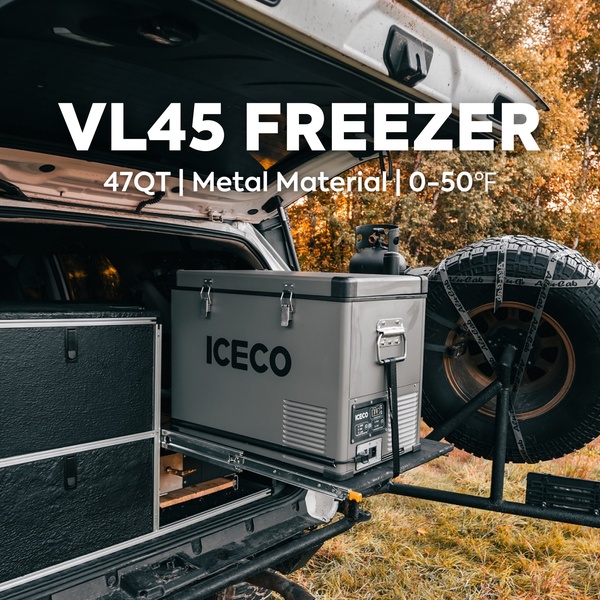 This creative displays a portable freezer mounted on a vehicle slide-out, emphasizing its rugged outdoor suitability and functional design.