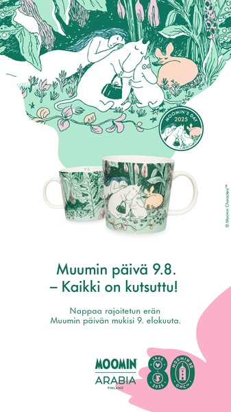 A vertical ad creative featuring a special edition Moomin-themed ceramic mug with illustrative woodland art to announce a limited release date.