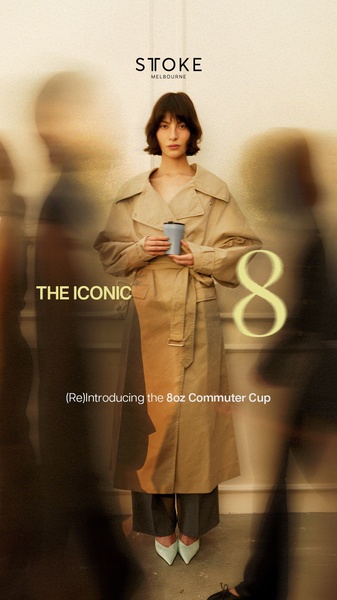 An editorial-style vertical ad featuring a Commuter Cup held by a model, surrounded by soft-focus motion blur to create a premium feel.