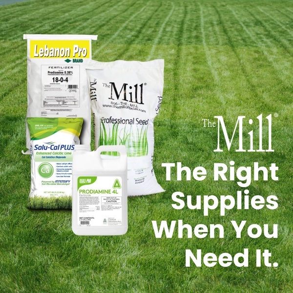 A 1:1 square ad image showcasing a collection of agricultural chemicals, fertilizer, and seed bags placed directly on a well-manicured lawn.