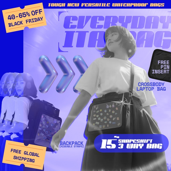 A 1_1 square format creative featuring a black ita bag with pin inserts, high-contrast violet background, and clear sale pricing.