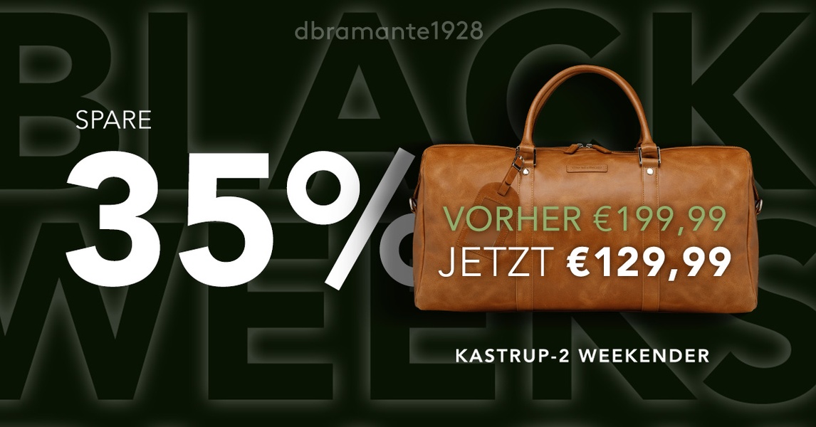 A high-impact promotional graphic for a leather weekender bag featuring a bold, dark aesthetic and a clear price reduction.
