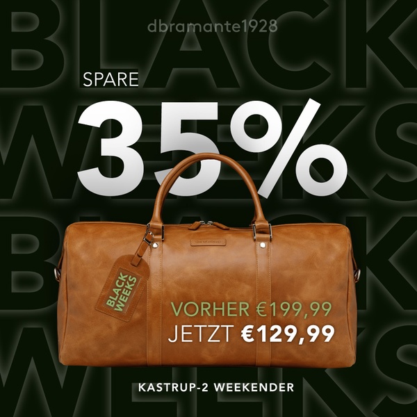 A clean, high-contrast, square-formatted promotional ad for a leather weekender bag, featuring a clear discount percentage and price comparison.