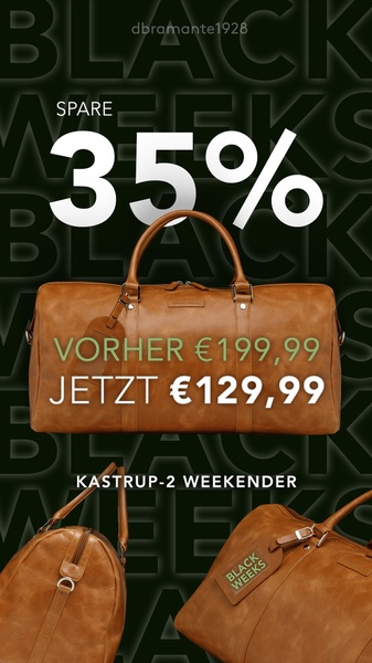 This vertical creative features a prominent 35% discount for a leather weekender bag, using high-contrast typography and a clear price comparison to drive immediate interest.