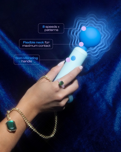 A high-contrast studio shot of a vibrator highlighting key functional features using a clean, modern graphical overlay.