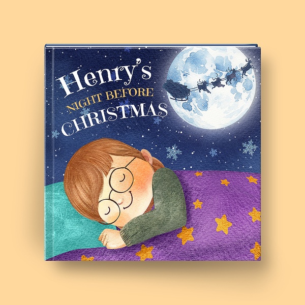 A square-format illustration of a child sleeping in bed under a starry sky, featuring a custom-named Christmas storybook cover.