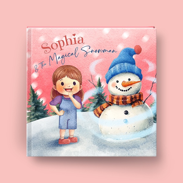 A square-format illustration of a personalized children's book featuring a child character and a snowman, conveying a warm, magical holiday theme.