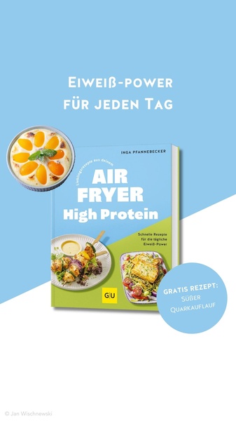 This ad creative highlights a cookbook for air fryer recipes with a focus on protein-rich ingredients, utilizing a clean, bright, and informational design approach.