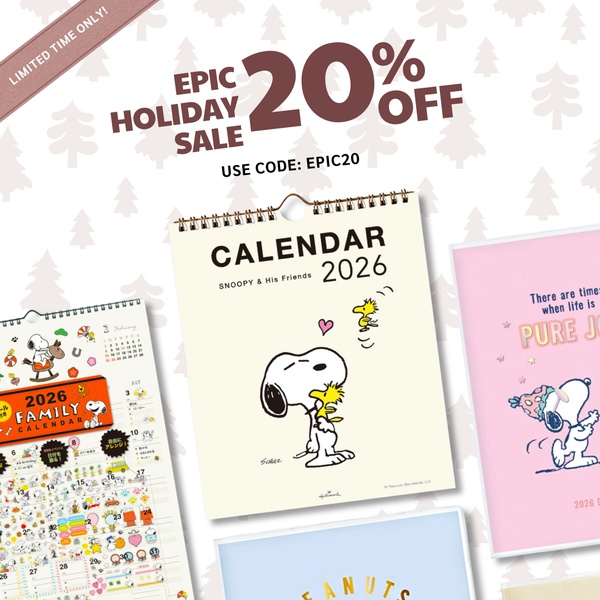 A festive promotional graphic featuring a 20% off discount code and high-quality product shots of Snoopy-themed calendars.