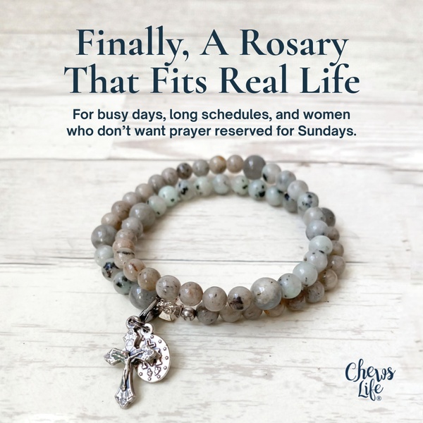 A close-up product shot of a beaded rosary bracelet on a light wood background with a focus on its portability and ease of use for busy lifestyles.