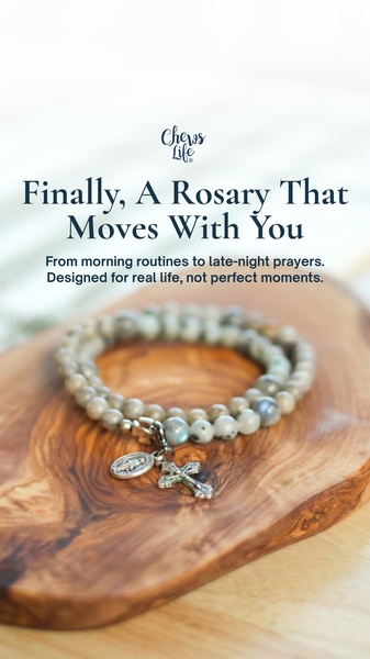 A close-up shot of a beaded rosary draped over an olive wood board, emphasizing versatility and daily use through a calm, aesthetic visual style.