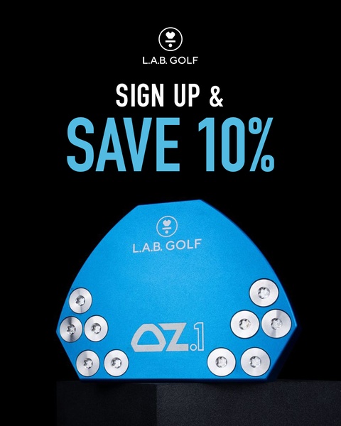 A high-contrast, minimalist promotional graphic for a golf putter that uses a direct incentive to drive newsletter signups.