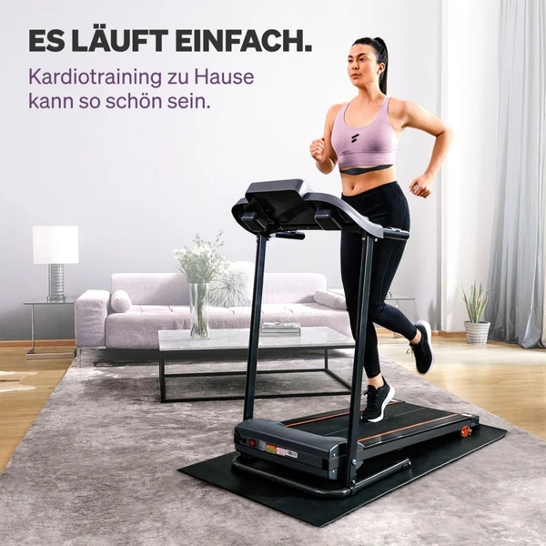 A clean, bright lifestyle shot of a woman using a home treadmill, emphasizing the ease of integrating fitness into a modern living space.