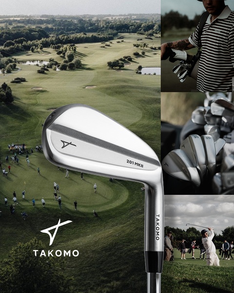 A high-quality 4:5 lifestyle composite featuring close-up product detail alongside a scenic golf course context.