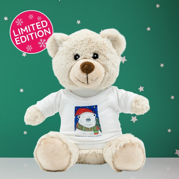 A high-quality image of a soft teddy bear featuring a winter-themed shirt, positioned against a festive star-patterned background with a clear limited edition badge.