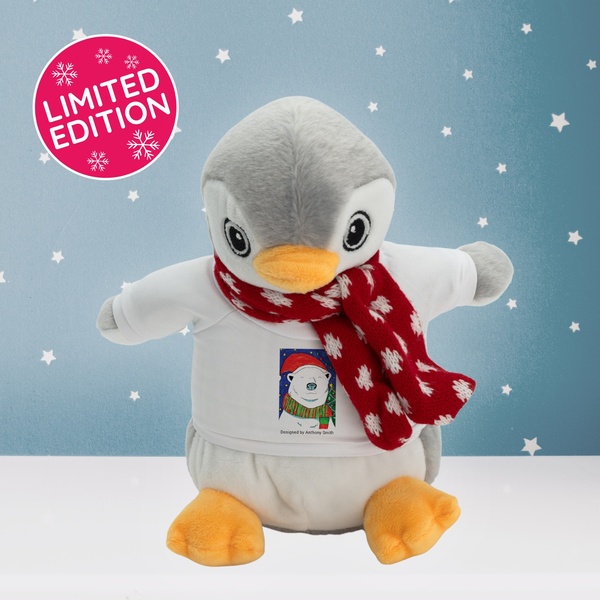 A high-contrast 1:1 image featuring a limited edition penguin plush wearing a festive scarf against a star-patterned blue backdrop.