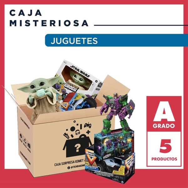A clear, bundle-focused ad showcasing a mystery box containing popular toy brands like Star Wars and Transformers.
