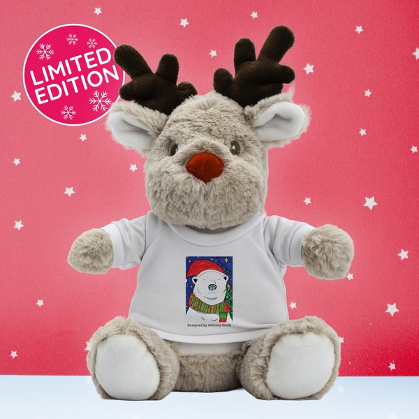 A high-quality 1:1 ratio image of a reindeer plush toy centered on a bright red, star-patterned holiday background to create a seasonal sense of urgency.