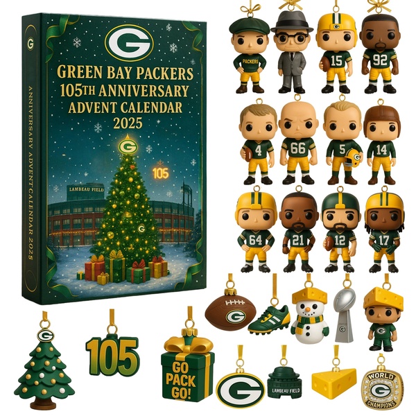 A high-conversion product display showing a branded advent calendar alongside all individual collectible ornaments included in the set.
