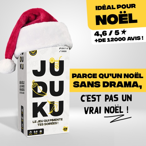 A festive, social proof-focused advertisement for a card game featuring a Santa hat on the product box and high star ratings to build trust.