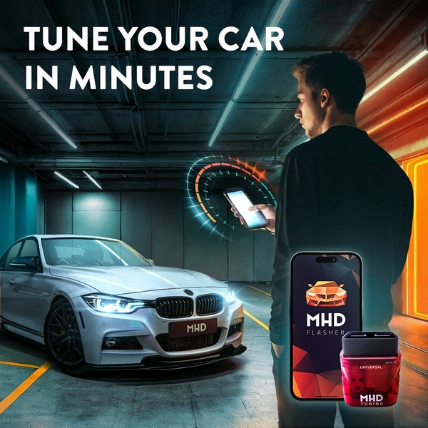 A high-performance visual display showing an OBD2 tuning device interacting with a smartphone, emphasizing speed and modern vehicle software modification.