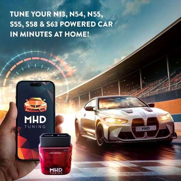 A high-performance car tuning device displayed alongside a smartphone app and a race track background.