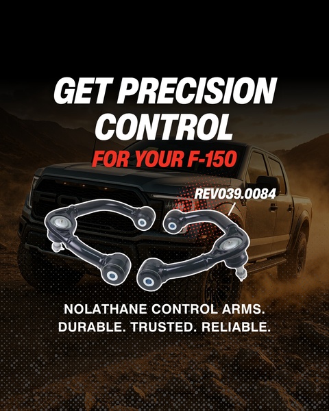 A high-impact ad featuring two control arms positioned over an F-150 truck, focusing on durability and precision.