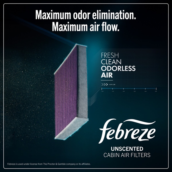 This creative showcases a cabin air filter as a high-performance solution, using bold text overlays to emphasize its dual benefits of odor elimination and maximized air flow.