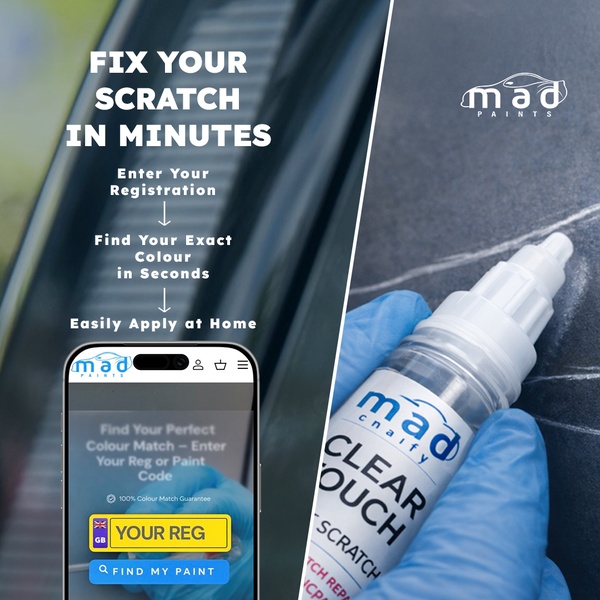 A clear, instructional visual showing a three-step process to find a car's exact paint color and apply a DIY repair pen, demonstrating the ease of use.