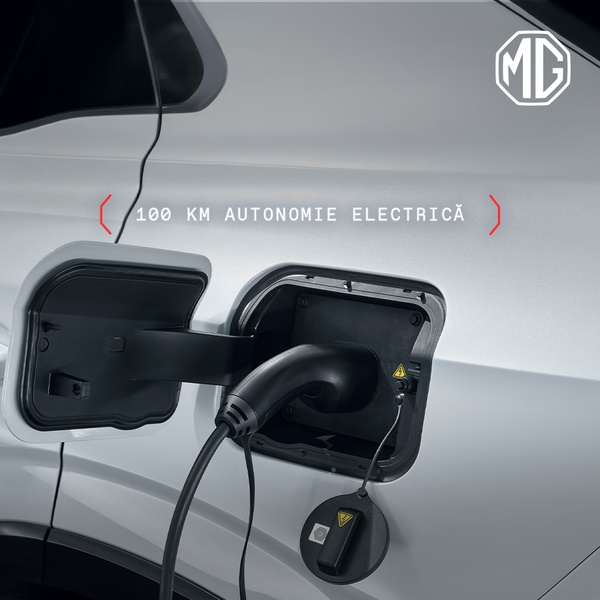 This creative showcases the charging port of an electric vehicle with a bold, concise text overlay highlighting the 100km electric range benefit.