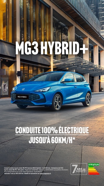 A clean, high-resolution shot of a blue hybrid hatchback positioned in front of a modern urban building at golden hour, focusing on its efficiency.