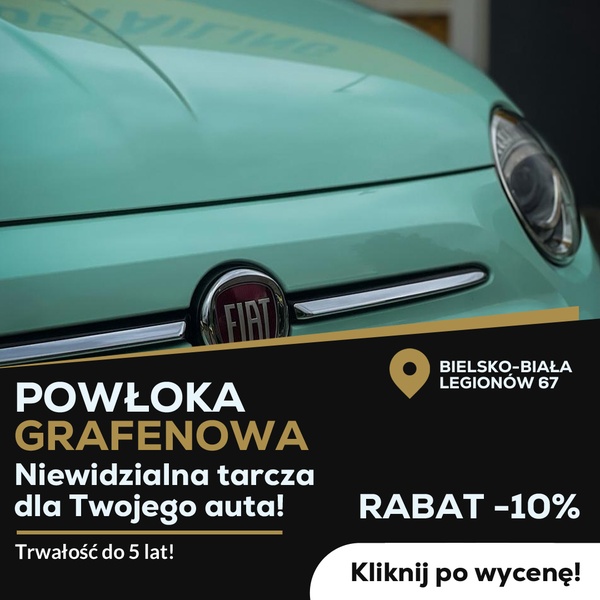 A 1:1 square advertisement for a car graphene coating service, featuring a close-up of a mint-colored vehicle with a discount offer and location details.