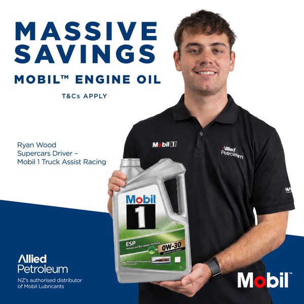 A high-trust creative featuring a professional brand ambassador holding a 5L container of engine oil to emphasize authority and product availability.