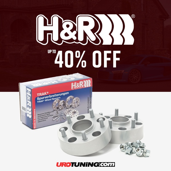 A static 1:1 image featuring H&R wheel spacers in their product box, emphasizing a 40% discount offer with a branded automotive aesthetic.