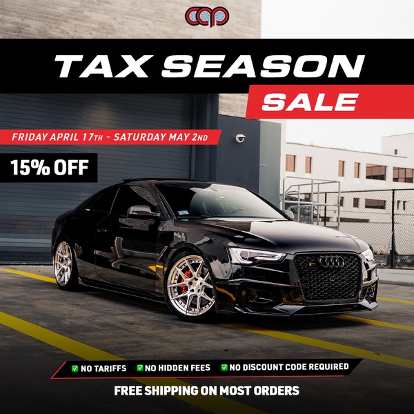 A high-contrast, text-heavy 1:1 creative promoting a limited-time 15% discount on vehicle parts during the spring season.
