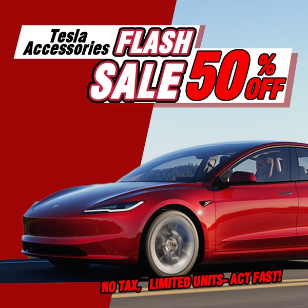 A high-urgency promotional graphic featuring a sleek red Tesla, bold flash sale typography, and scarcity-driven offer copy.