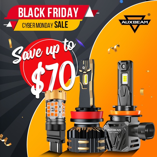 A high-impact promotional graphic for automotive LED headlight bulbs featuring a bold price-off incentive and clean product photography.