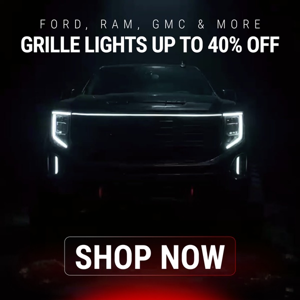 A high-contrast, dark-themed ad showcasing illuminated automotive grille lights with a clear 40% off discount offer.